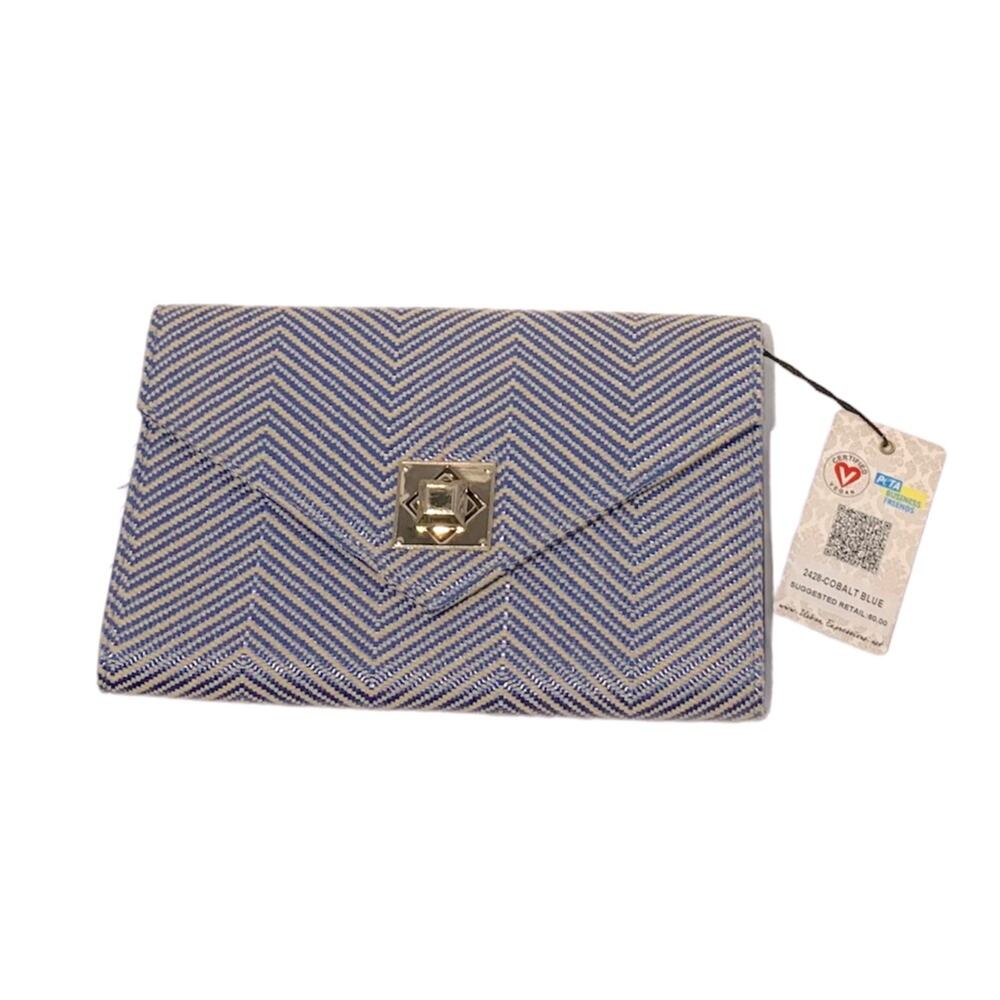 Urban Expression Blue/cream herringbone Clutch with gold chain strap vegan, NWT